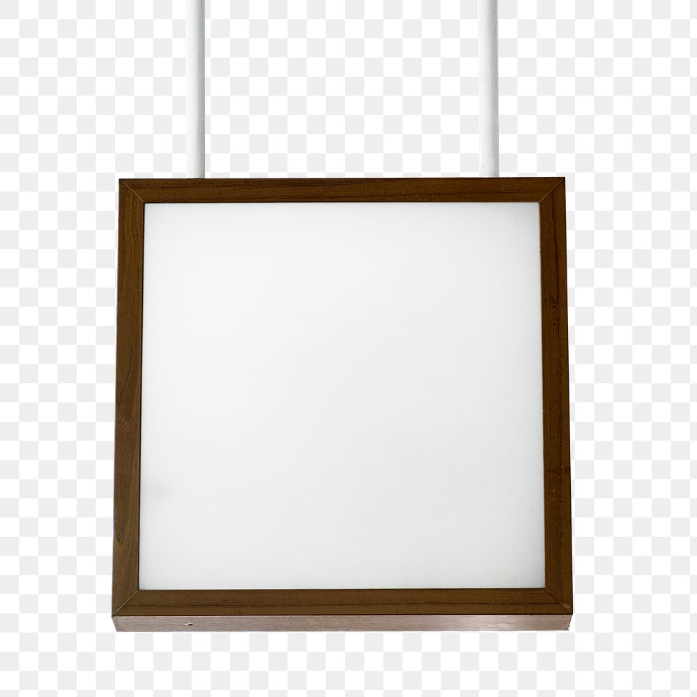Brown framed sign mockup png hanging from the ceiling