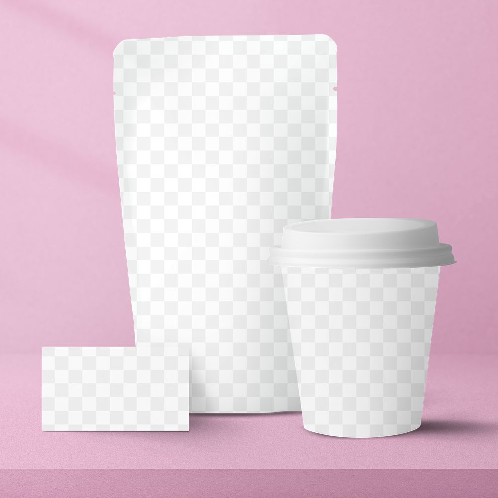 Minimal coffee bag mockup png with paper cup food and beverage packaging