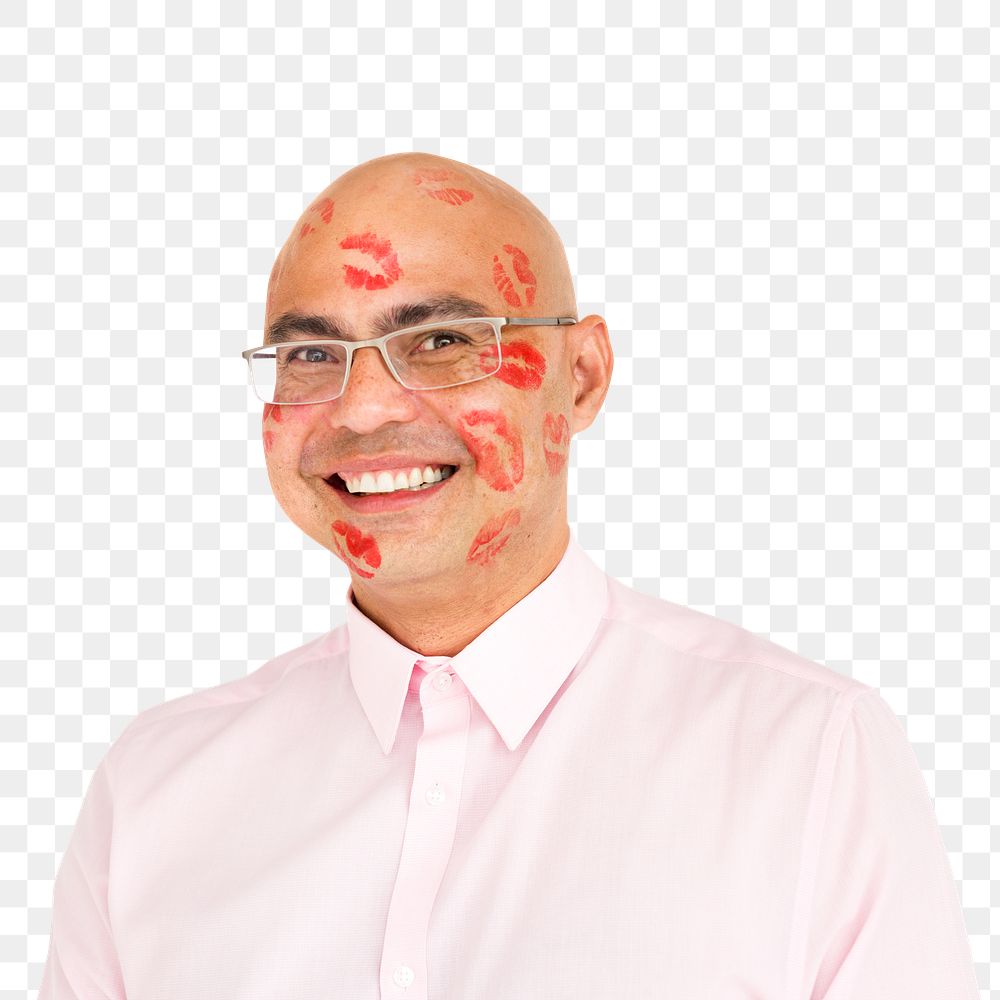 Happy man with a face covered in kiss marks transparent png