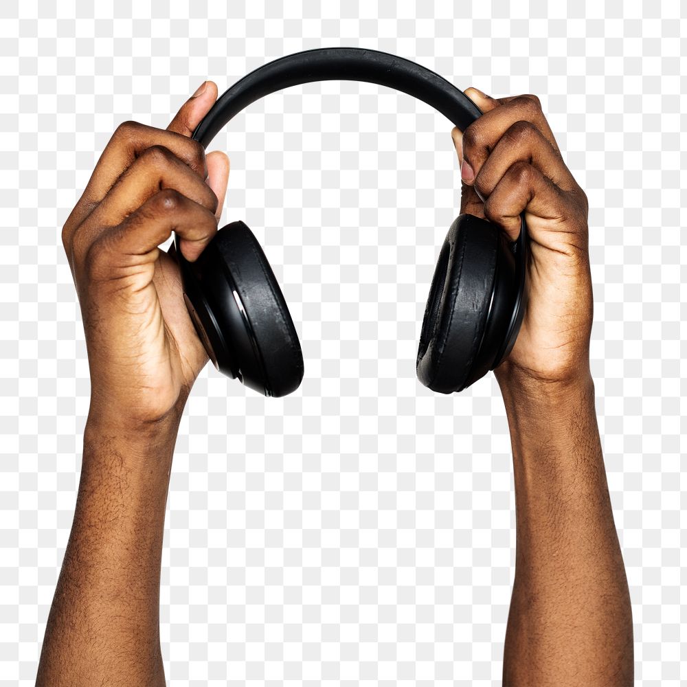 Headphones png in hand sticker on transparent background