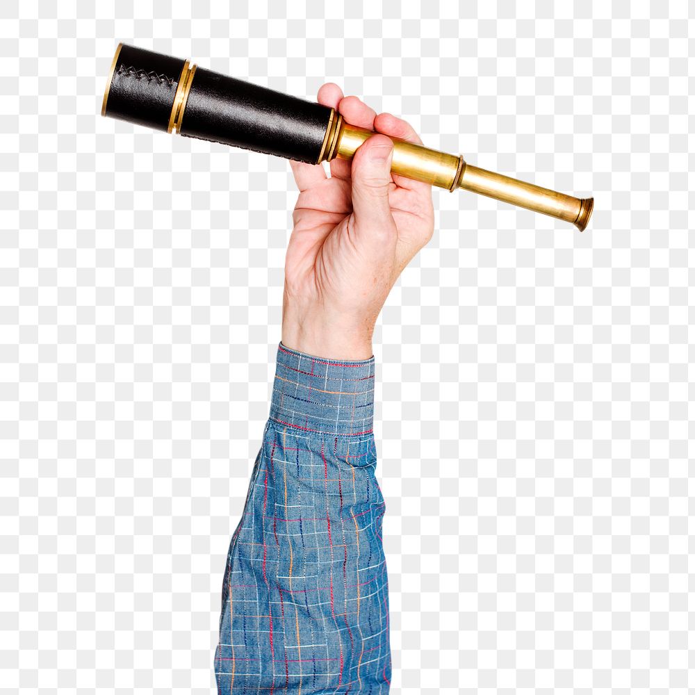 Telescope png in hand sticker on transparent background