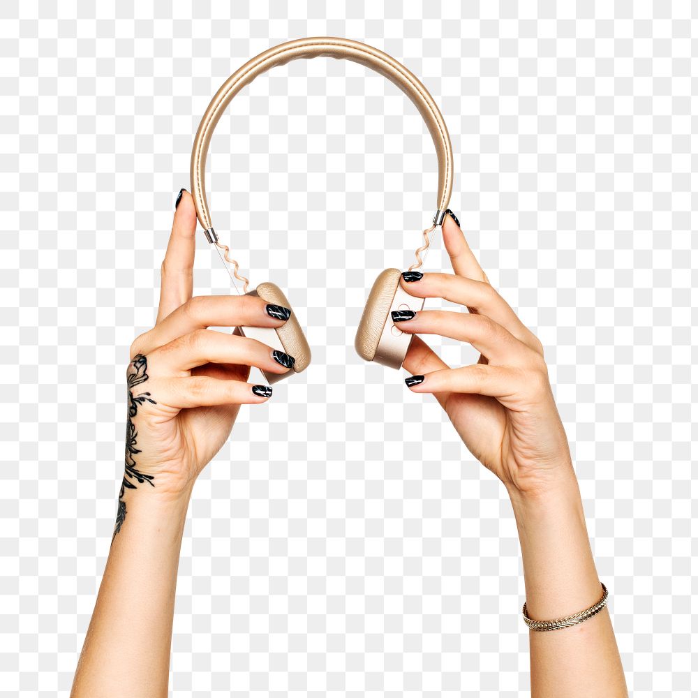 Headphones png in hand sticker on transparent background