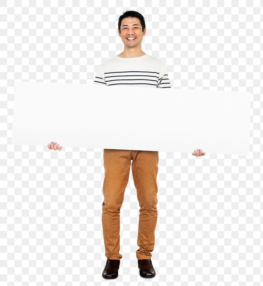 Cheerful man holding a blank banner transparent png