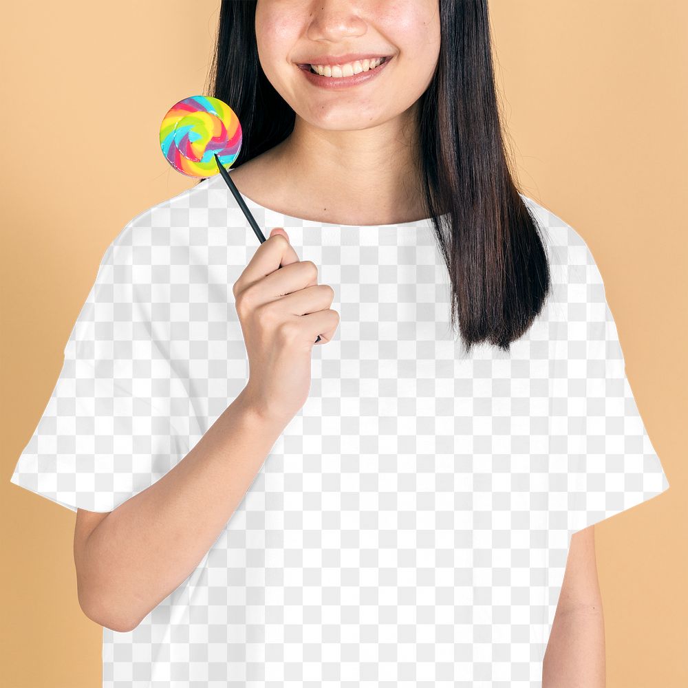 Happy woman in a white tee mockup holding a rainbow lollipop