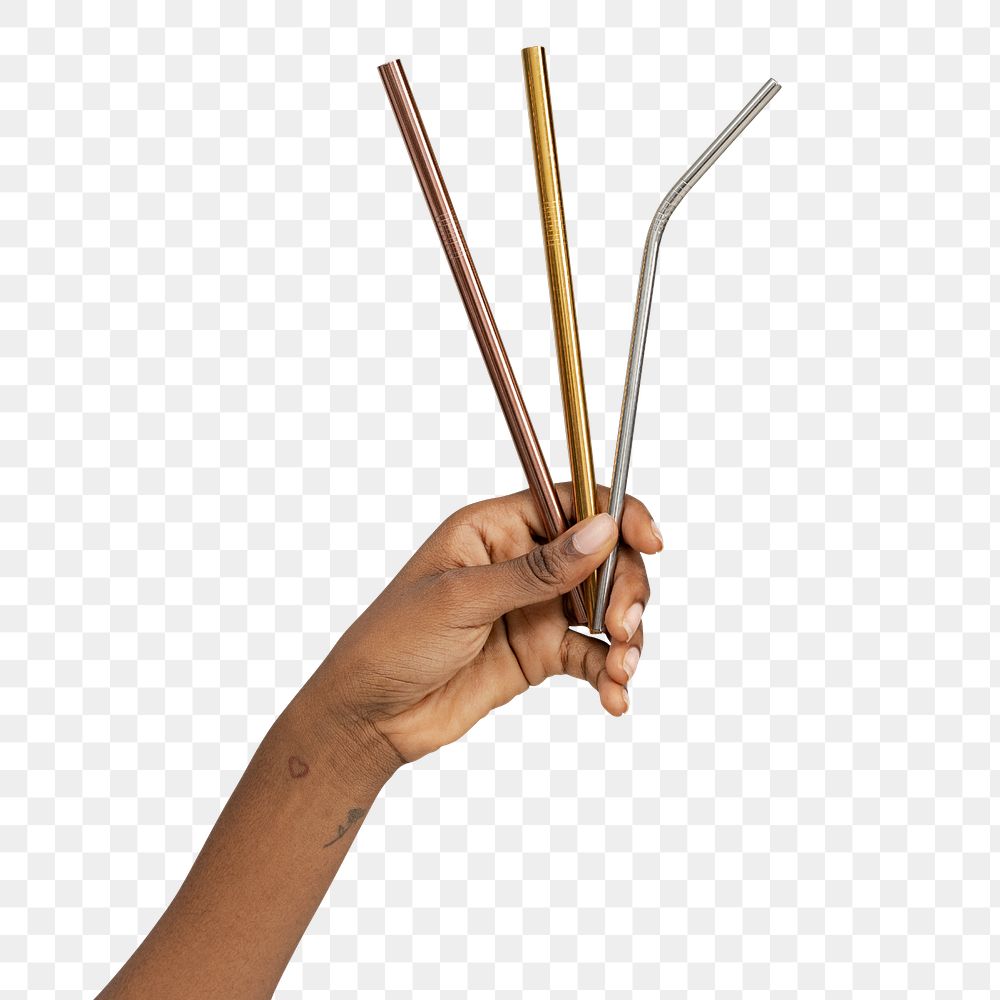 Hand holding metal straws transparent png