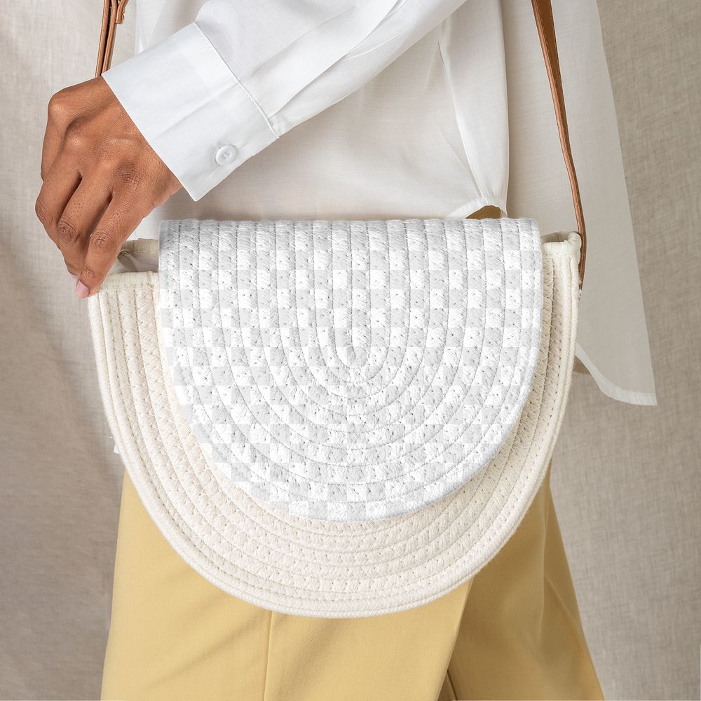 Black woman carrying a woven cotton rope bag mockup 