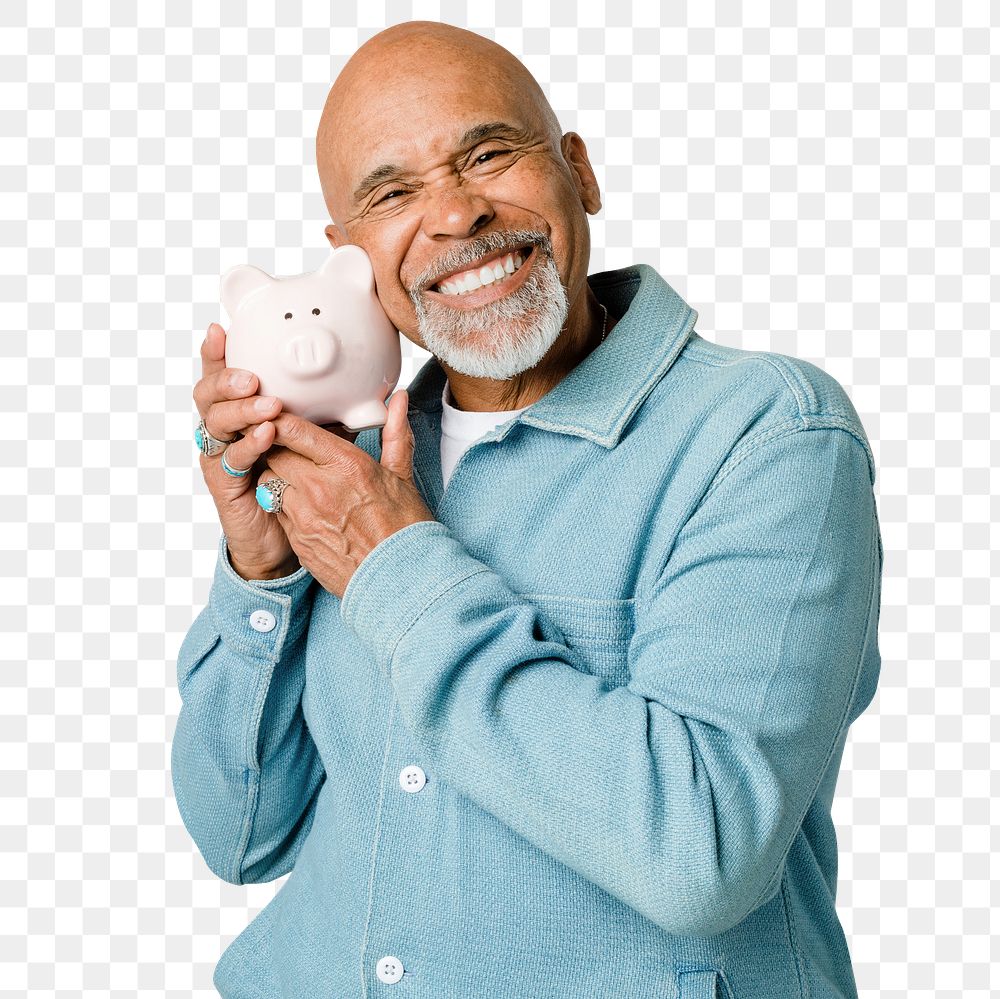 Happy retired man holding his piggy bank