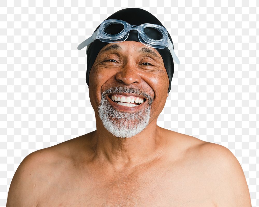 Cheerful senior man wearing swimming glasses