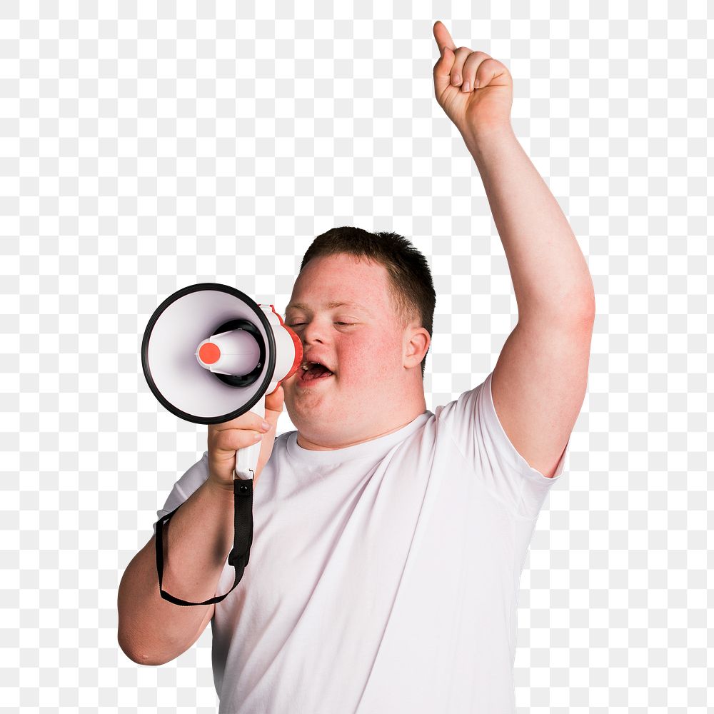 Cute boy with down syndrome using a megaphone to amplify his voice 
