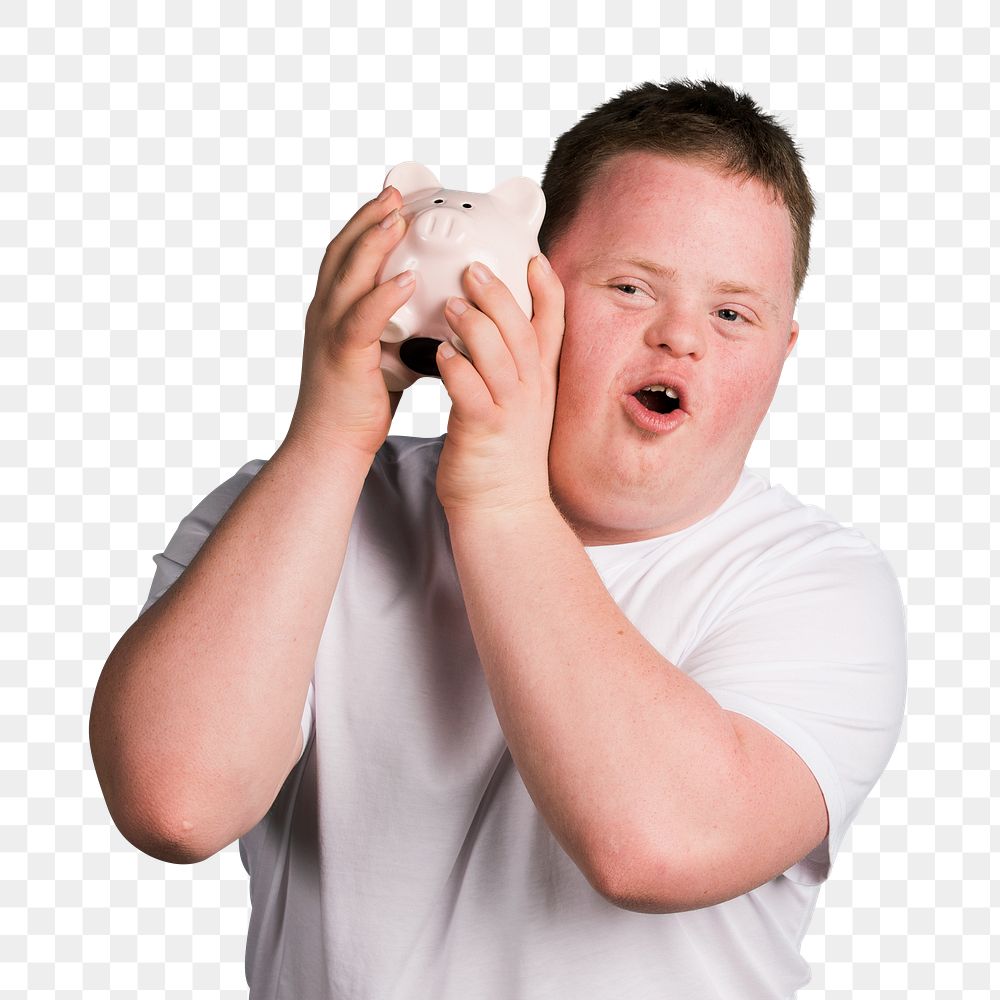 Young man with Down syndrome checking his piggy bank