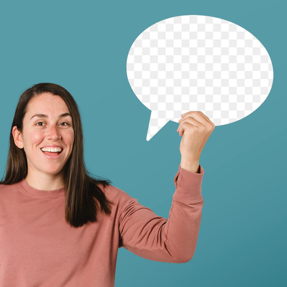 Cheerful woman showing a speech bubble