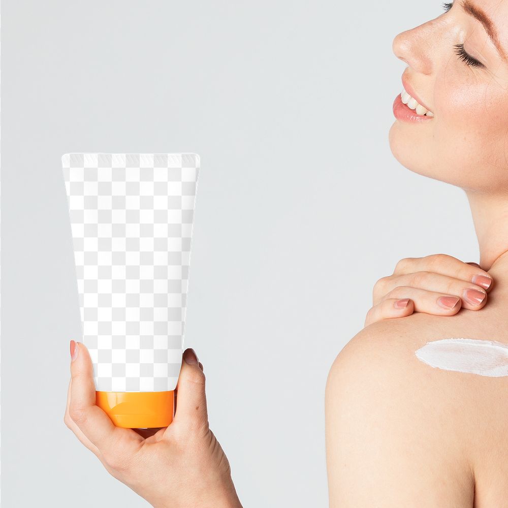 Cheerful woman holding a cream tube container mockup 