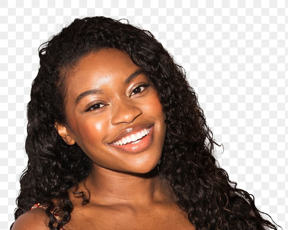 African woman png transparent, smiling face portrait