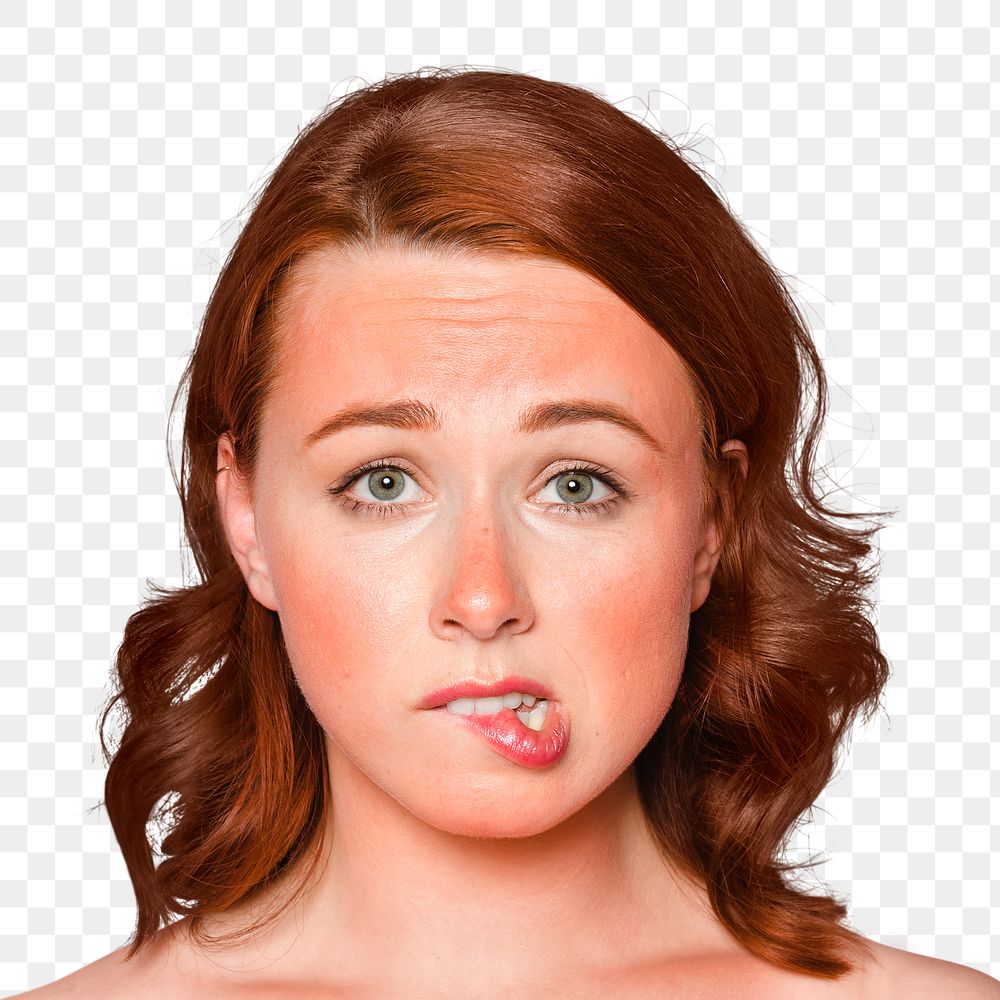 Sunburnt woman png transparent, face portrait biting her lips