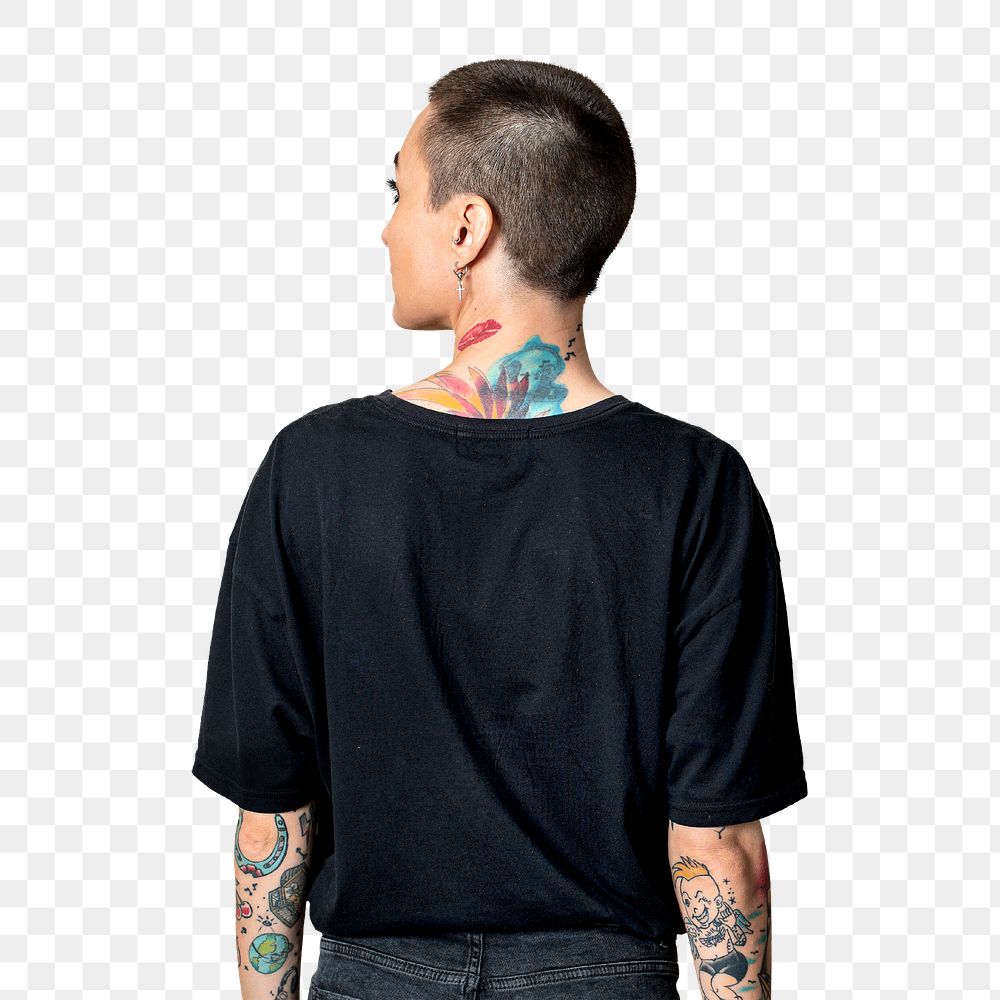Model with tattoo in black T shirt transparent png