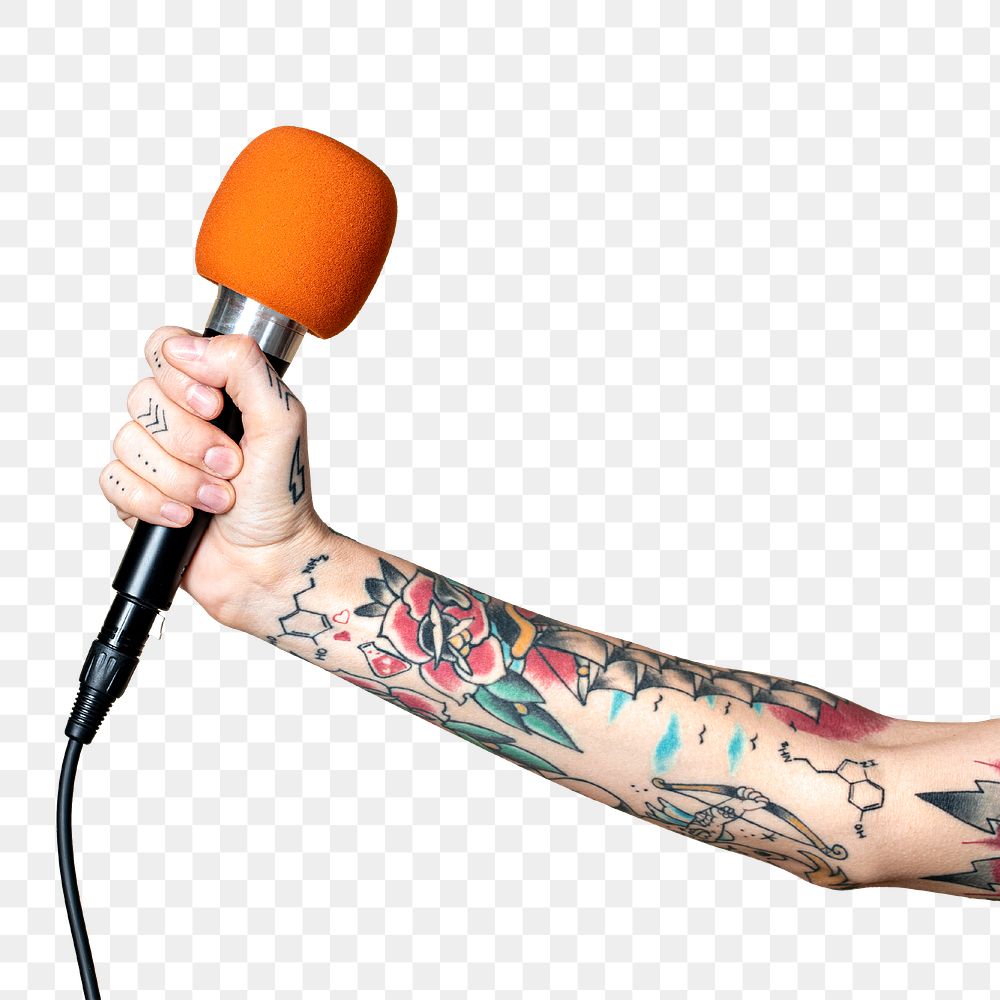 Hand with tattooed holding a microphone transparent png