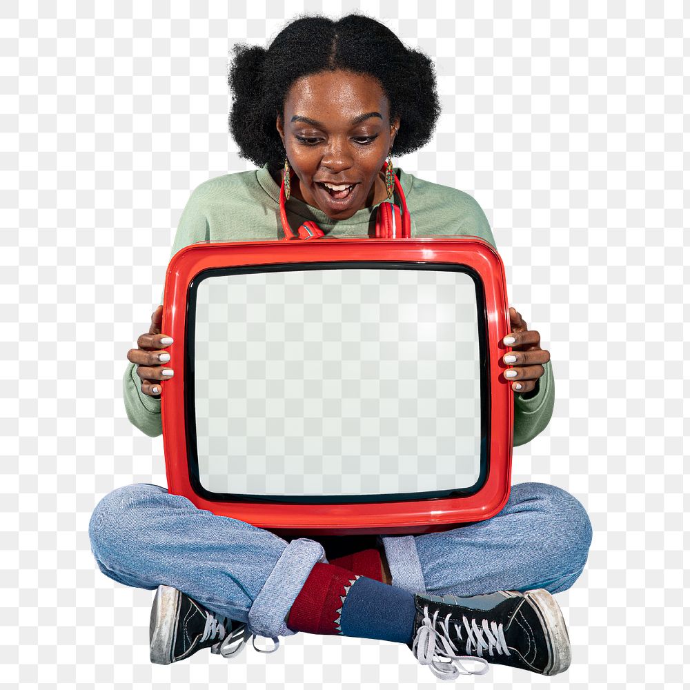 Red retro television on a lap transparent png