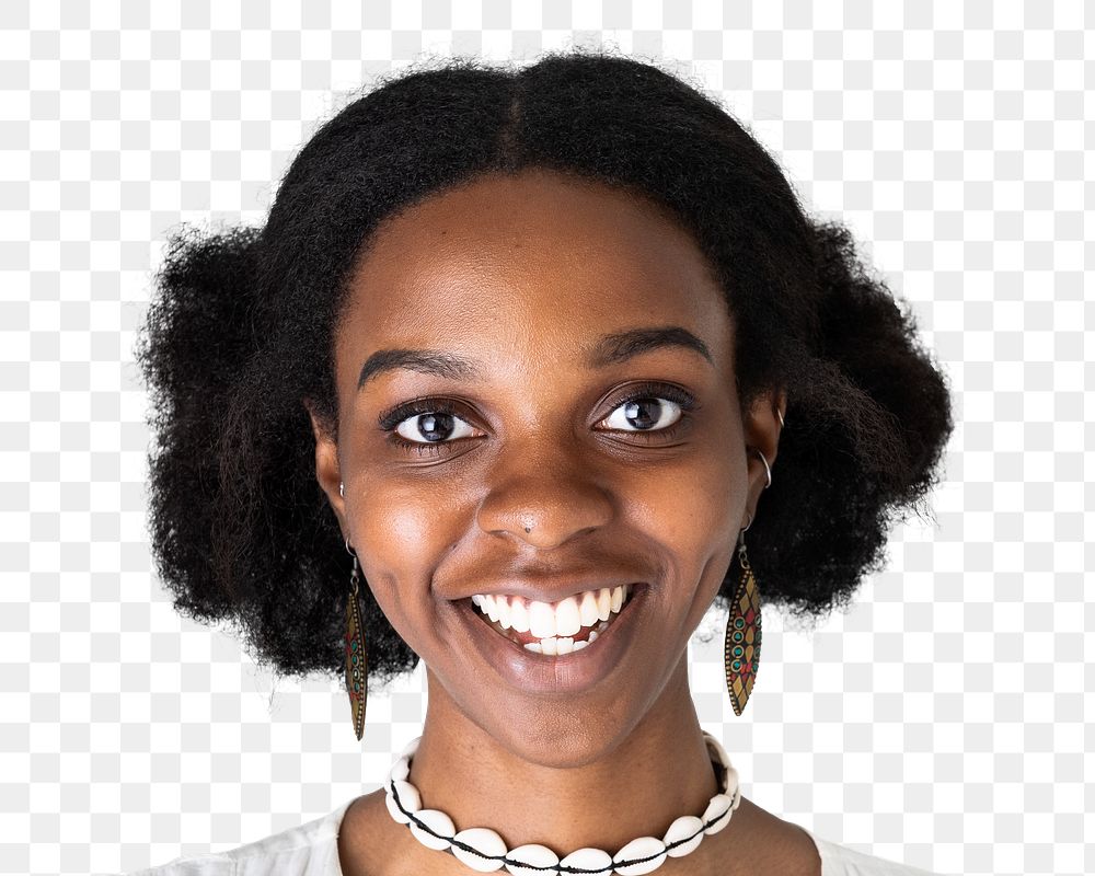 African young woman png transparent, happy face portrait cut out