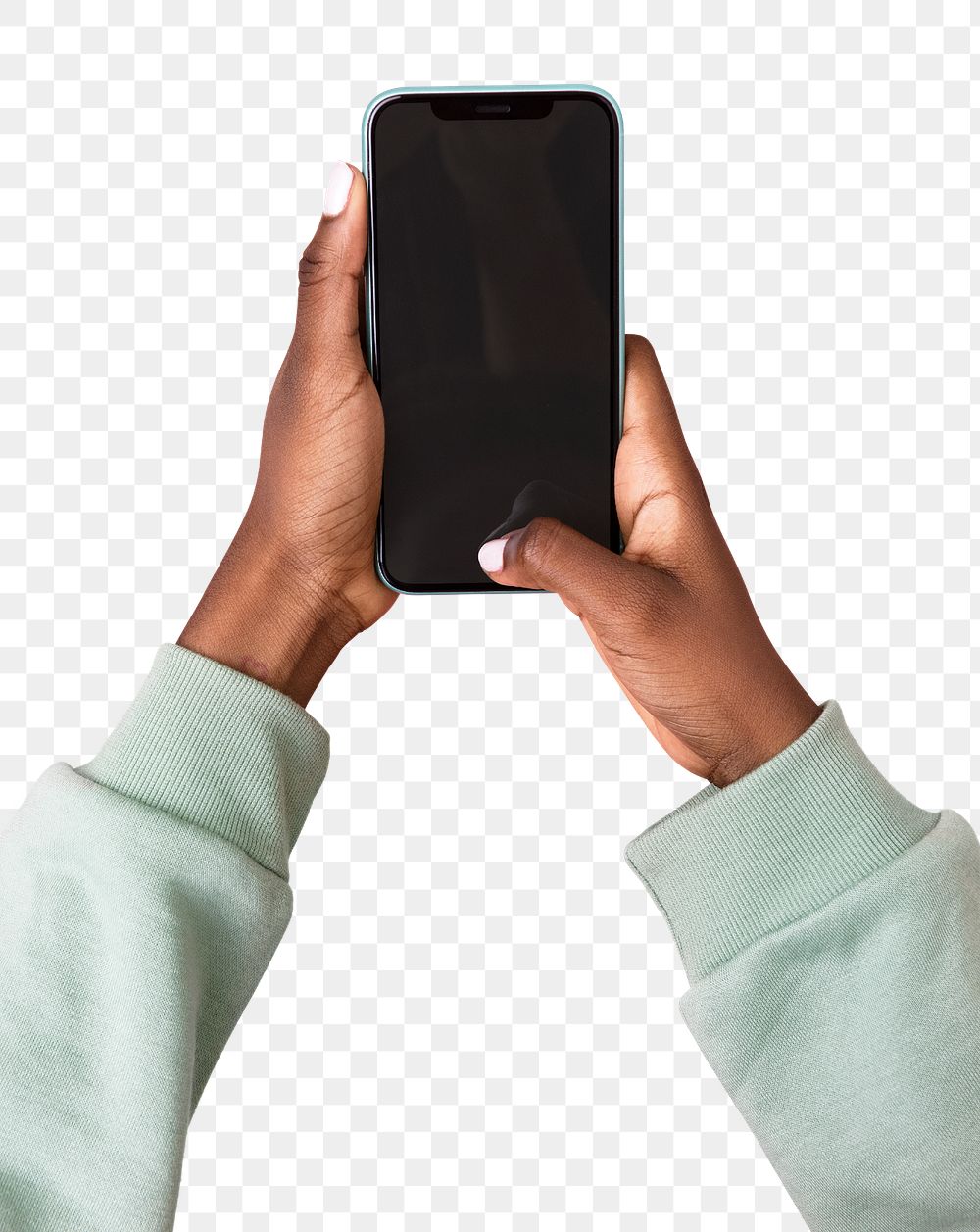 Hands holding smartphone on background transparent png