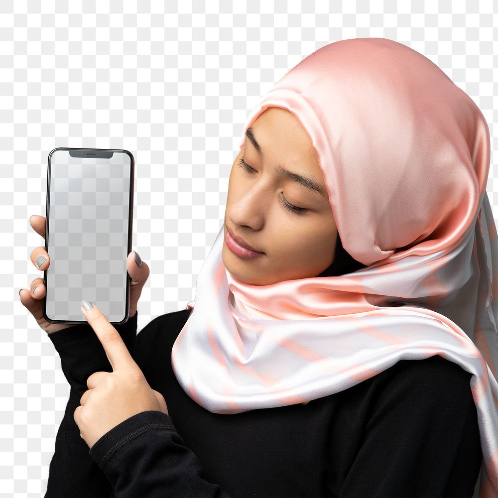 Muslim woman showing a mobile screen transparent png