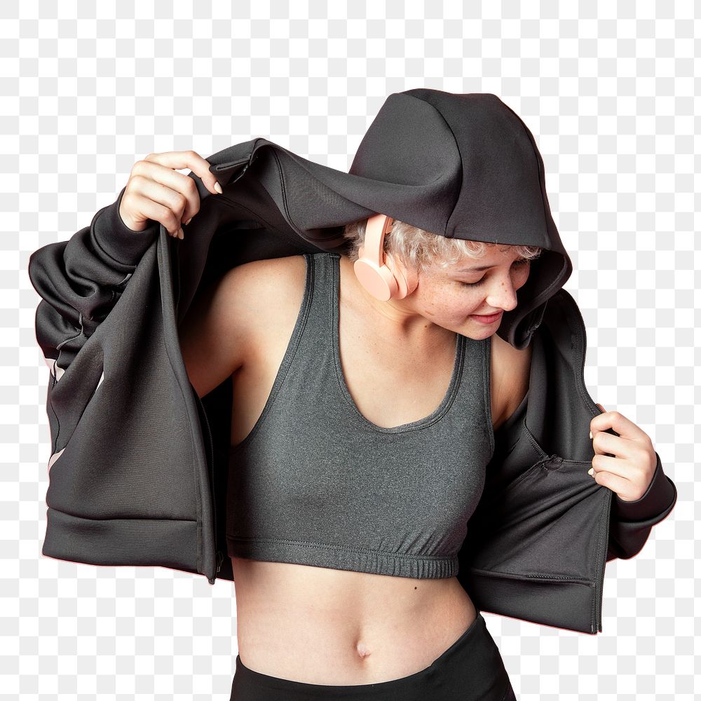 Active woman wearing a hoodie jacket transparent png
