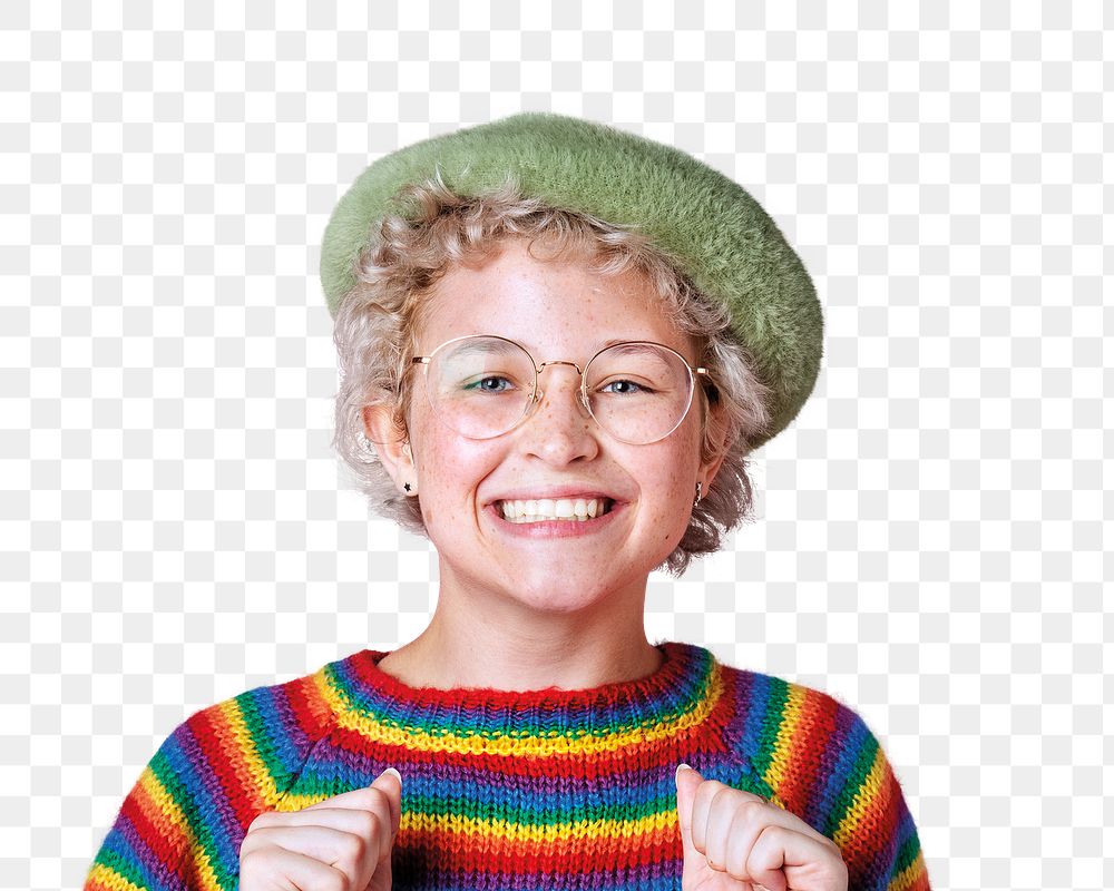 Artsy teenage girl png transparent, happy face portrait in rainbow sweater