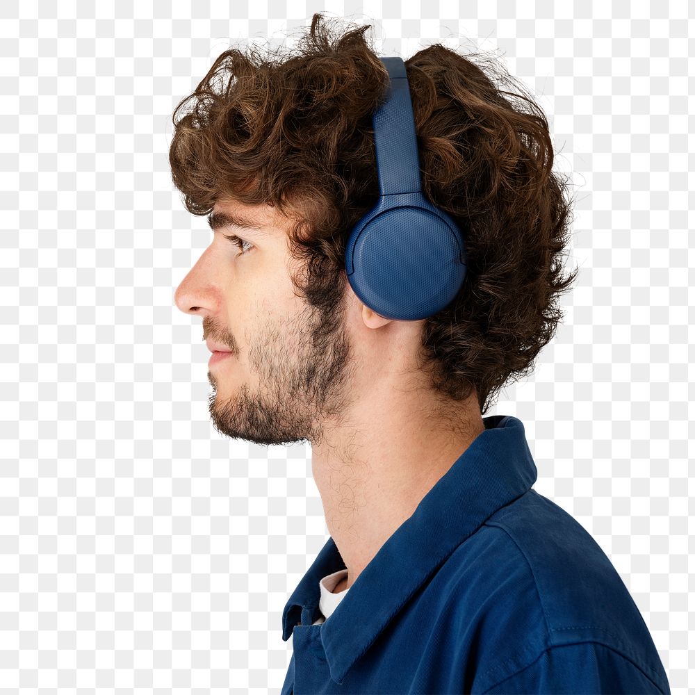 Man using blue headphones headshot transparent png