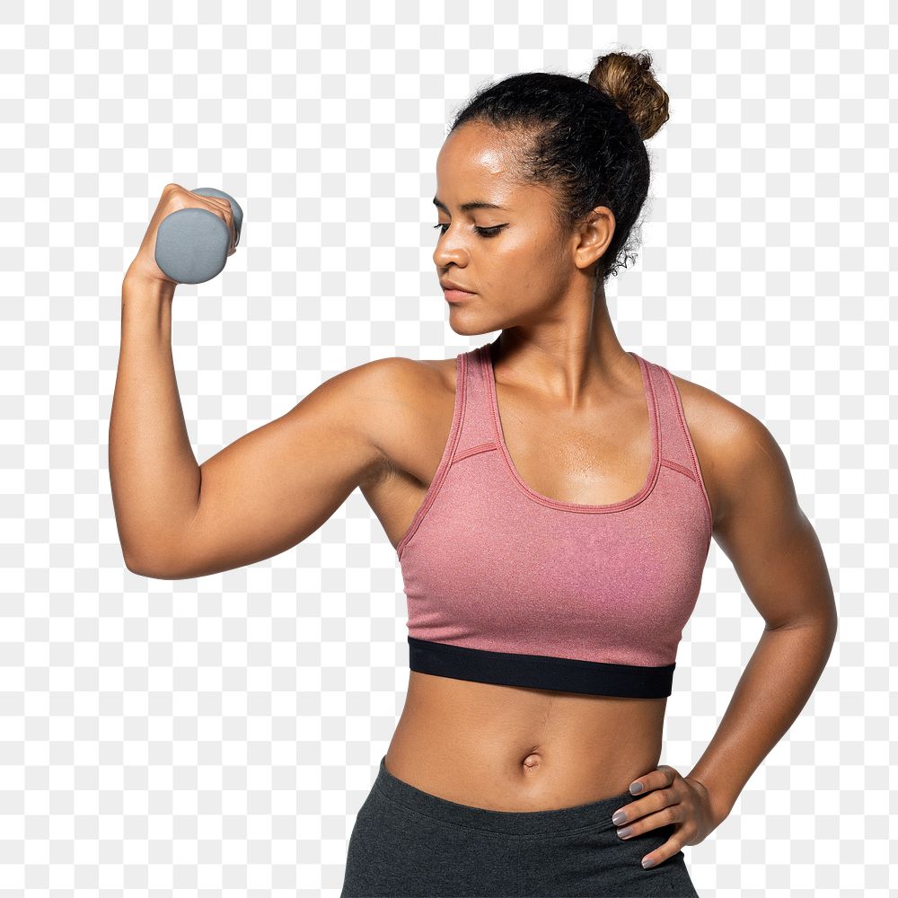 Active strong young woman lifting a dumbbell transparent png