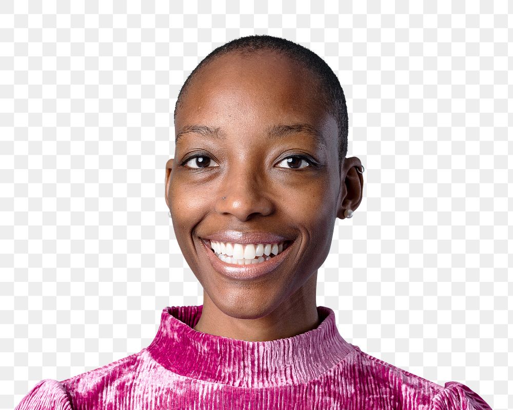 African woman png transparent, face portrait with skinhead
