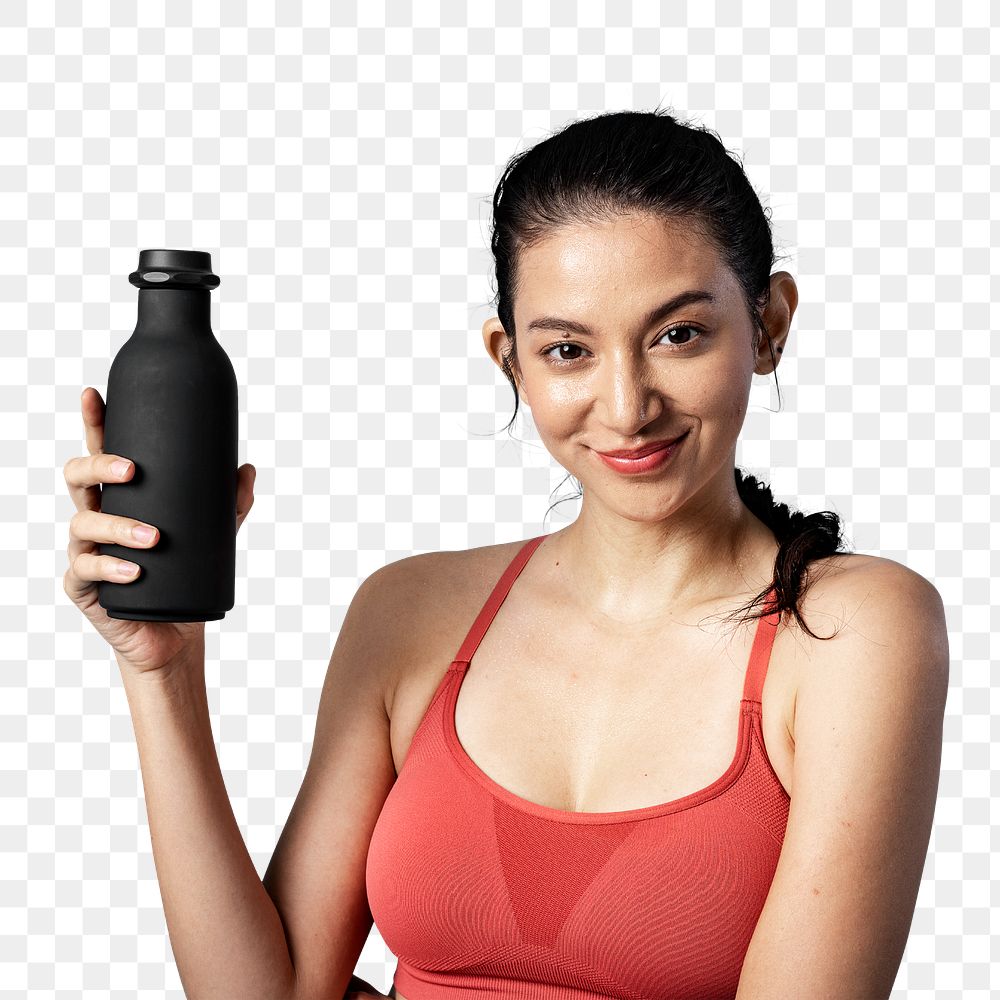Sporty woman holding a black bottle transparent png
