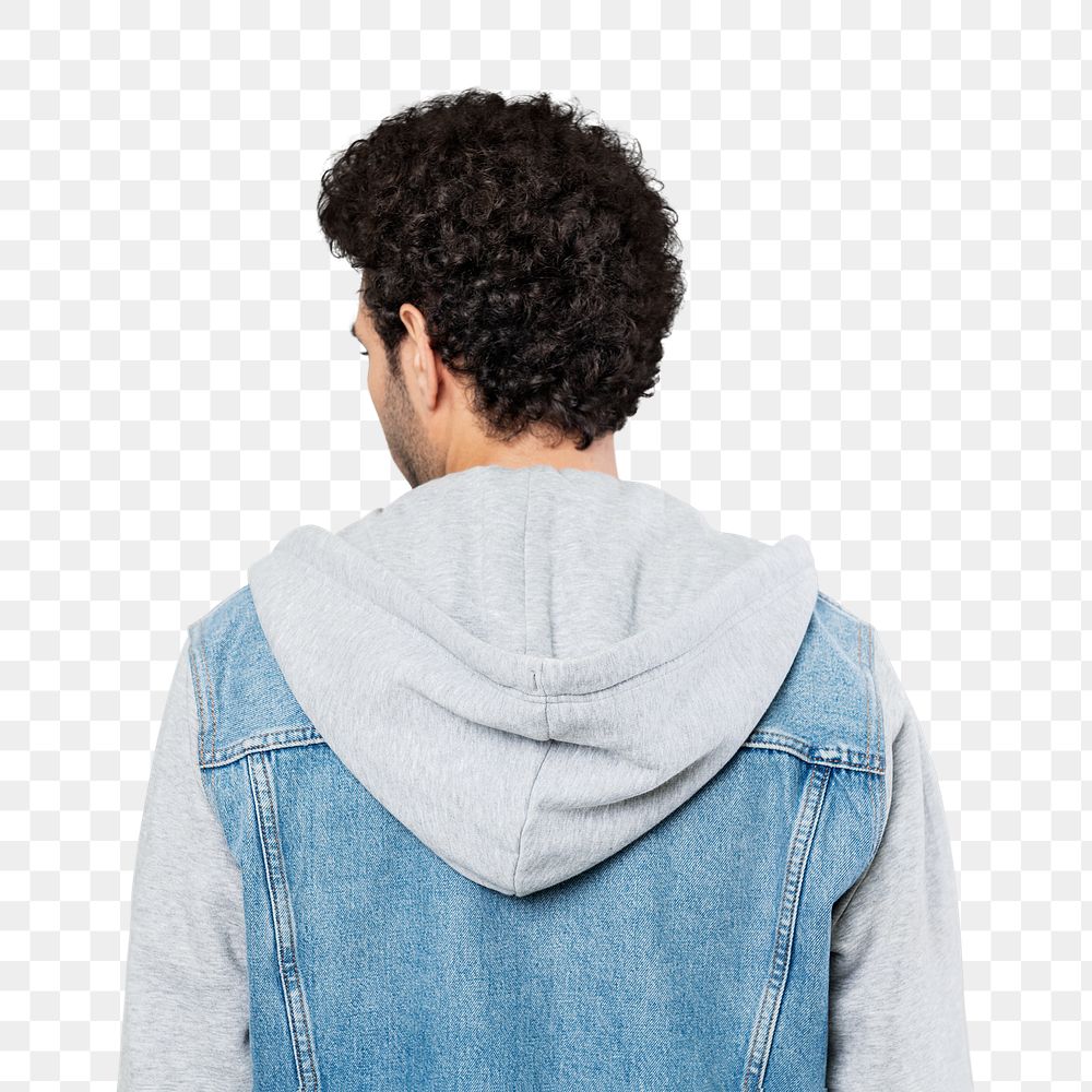 Rear view of man in a half denim hoodie jacket transparent png