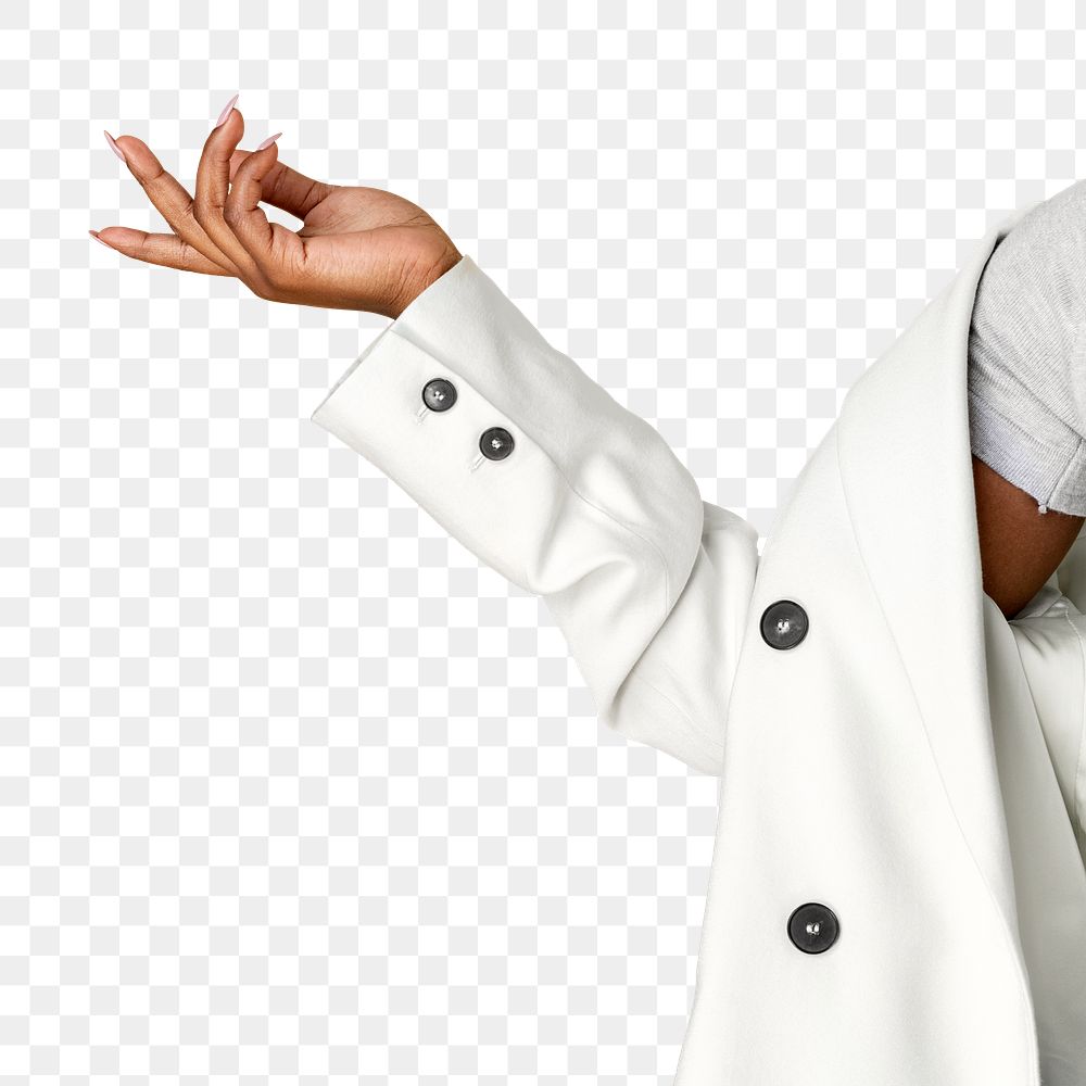 Woman in white suit showing open hand transparent png