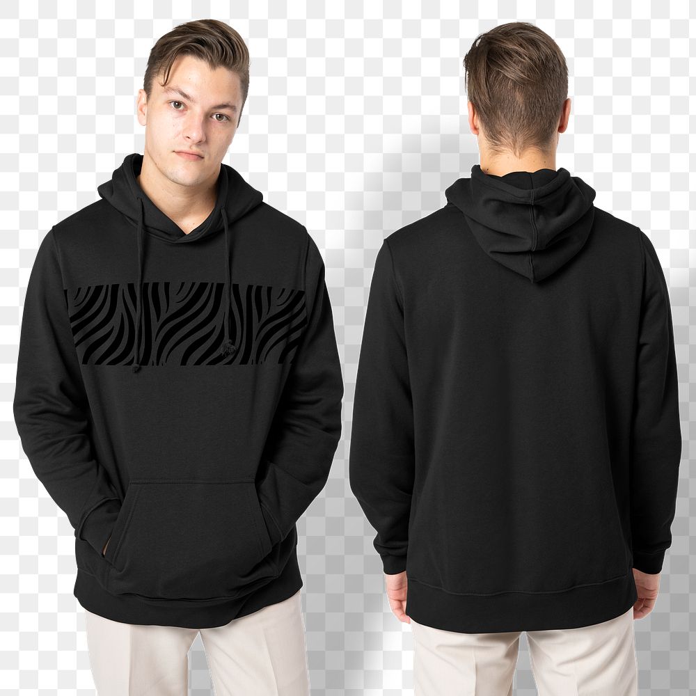 Png man wearing black hoodie for winter apparel shoot