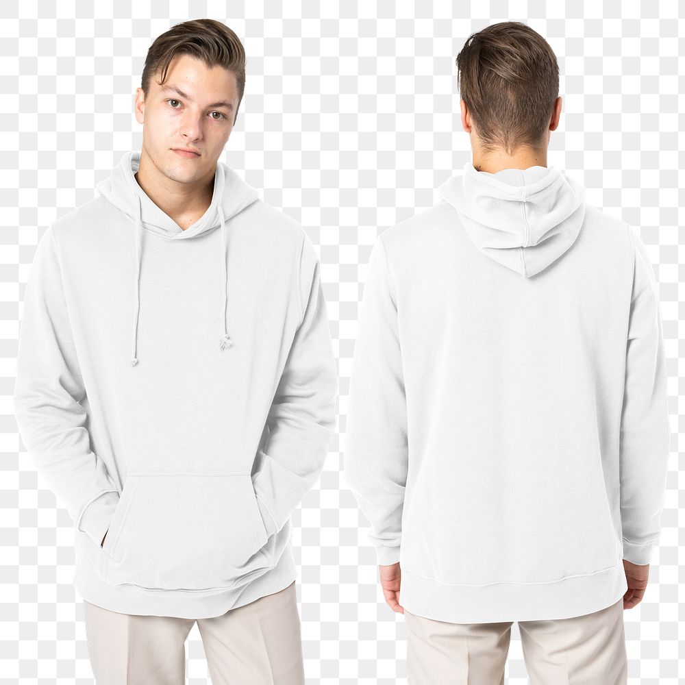 Png man wearing white hoodie for winter apparel shoot