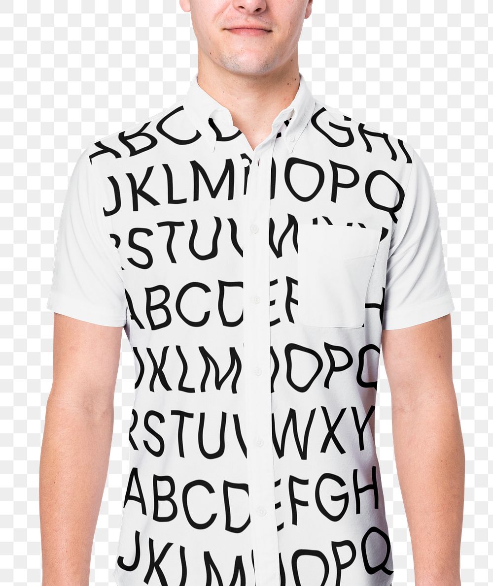 Png shirt mockup, man wearing alphabet print design
