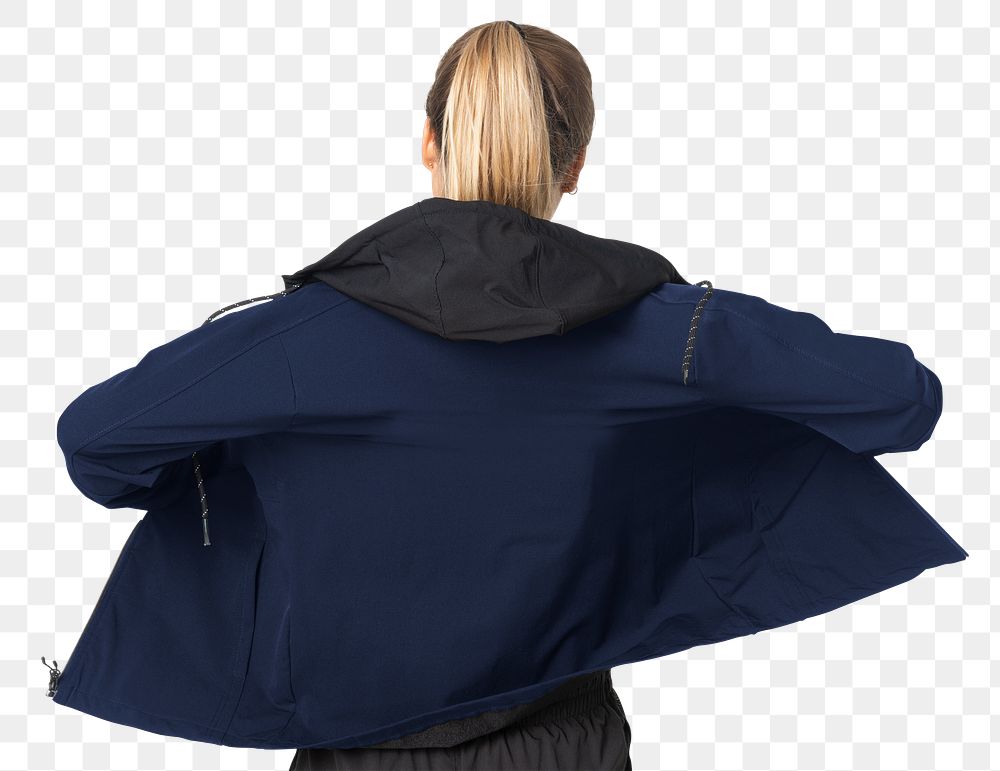 Png women&rsquo;s windbreaker jacket mockup navy rear view sportswear fashion shoot