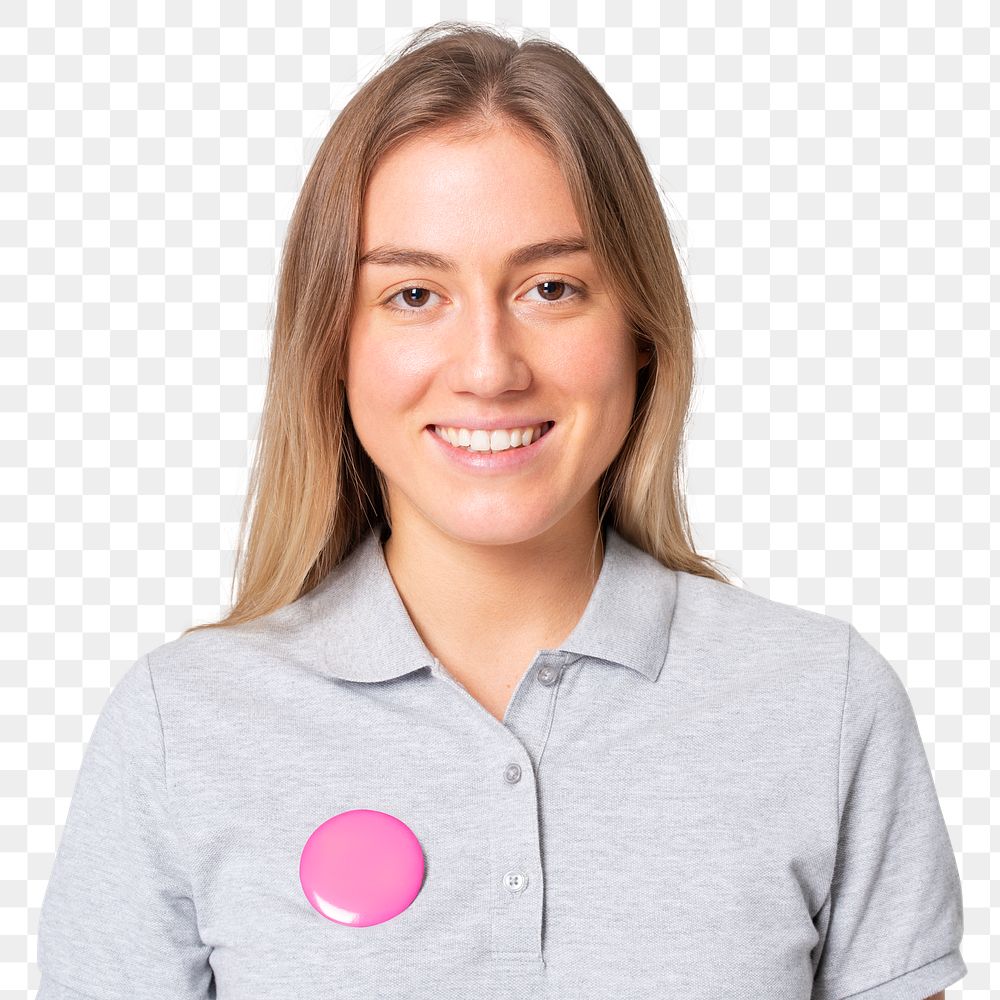 Png woman mockup in polo shirt with pink pin button women&rsquo;s apparel