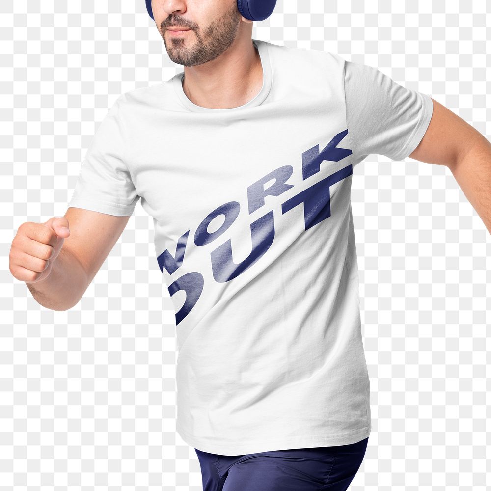 Man png mockup running in work out white t-shirt activewear fashion