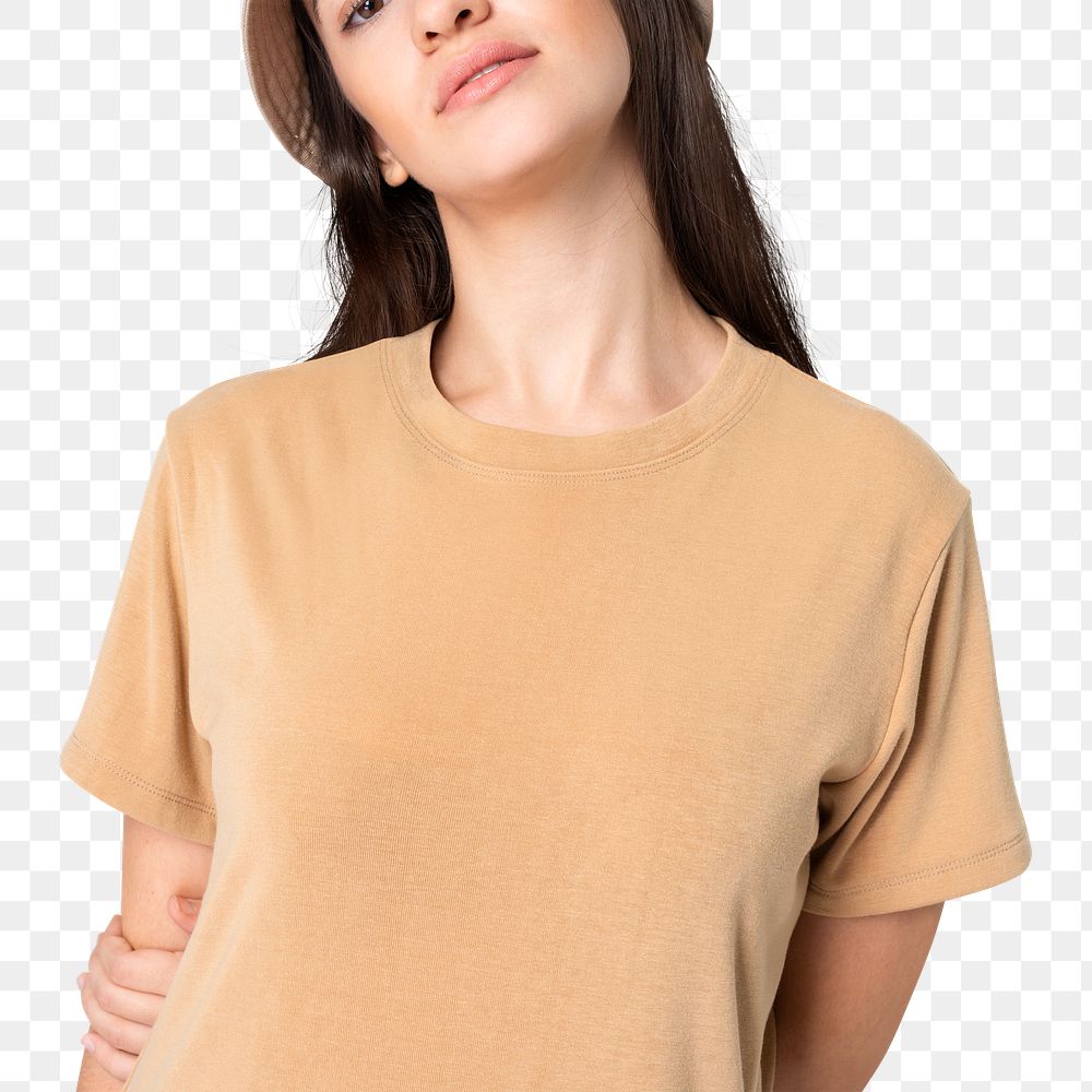 Png woman mockup in beige t-shirt transparent background