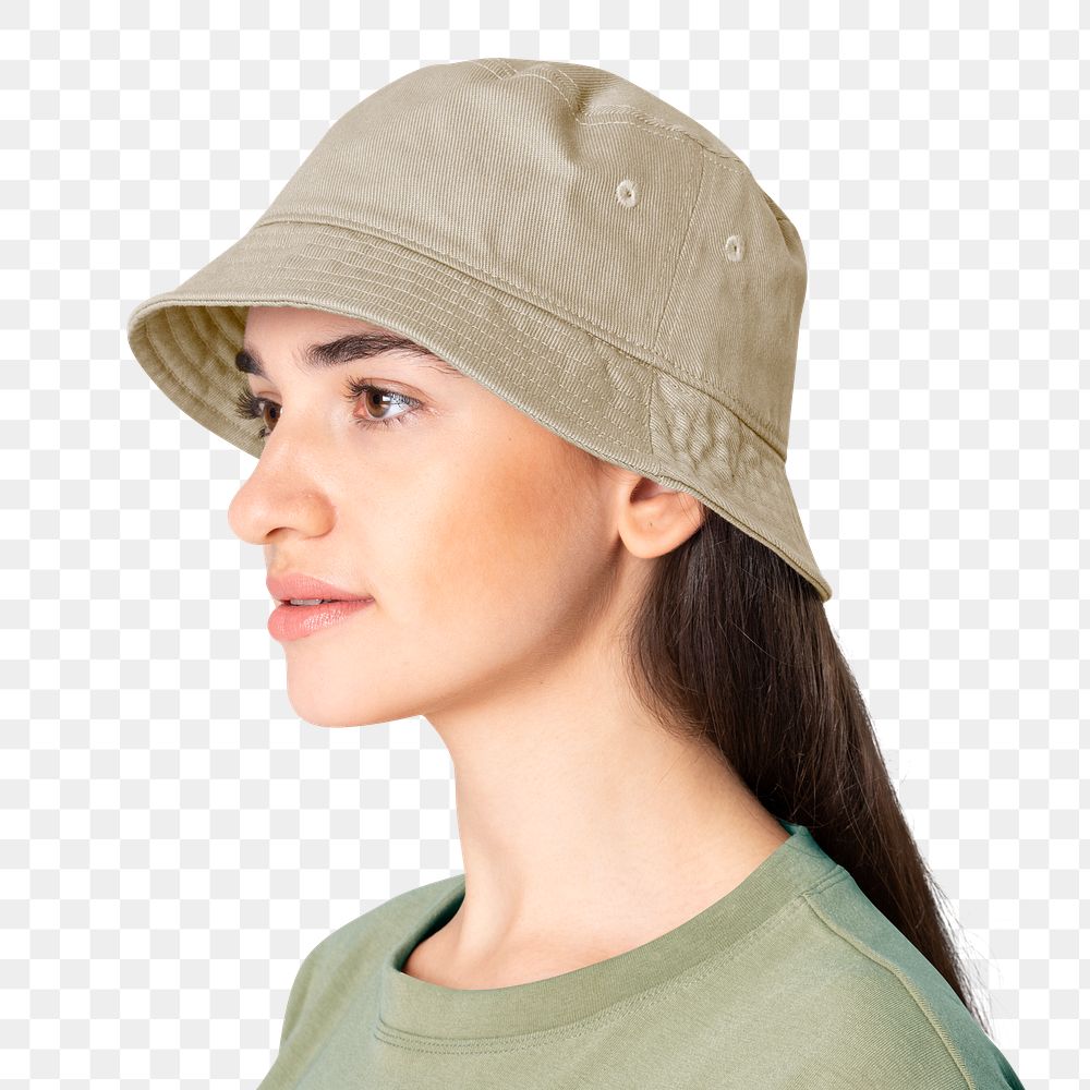 Png beautiful teenage woman mockup wearing beige bucket hat and green t-shirt