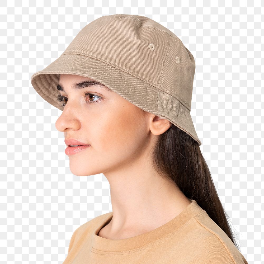 Png beautiful teenage woman mockup wearing beige bucket hat and beige t-shirt