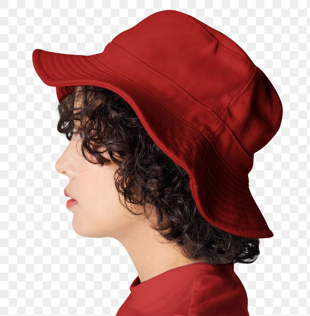 Png short hair woman mockup wearing red bucket hat and t-shirt