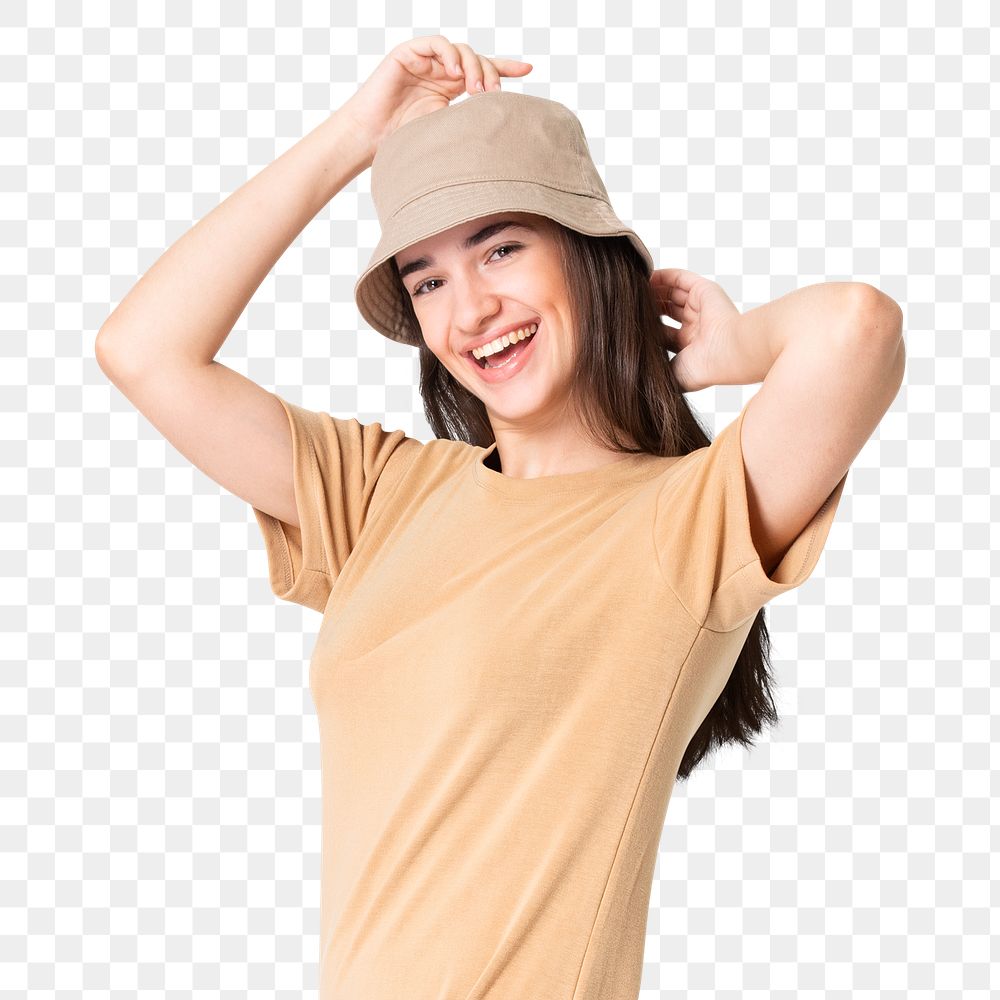 Woman png mockup in brown t-shirt with bucket hat casual wear