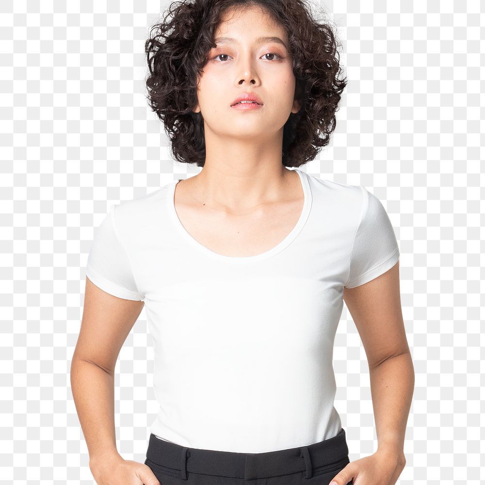 Woman png mockup in white round neck t-shirt casual fashion