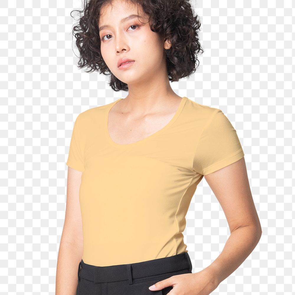 Woman png mockup in brown round neck t-shirt  casual wear