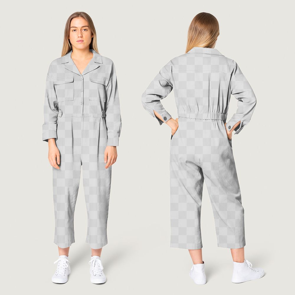 Jumpsuit png mockup transparent trendy street apparel full body and rear view set