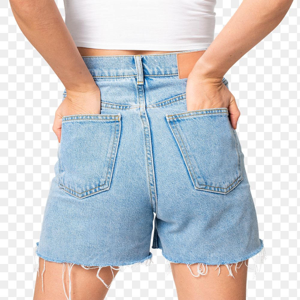 Png women&rsquo;s denim shorts mockup transparent pocket close up rear view