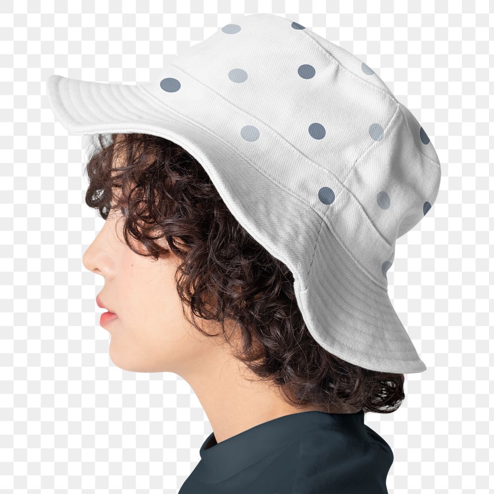 Png short hair woman mockup wearing bucket hat and t-shirt