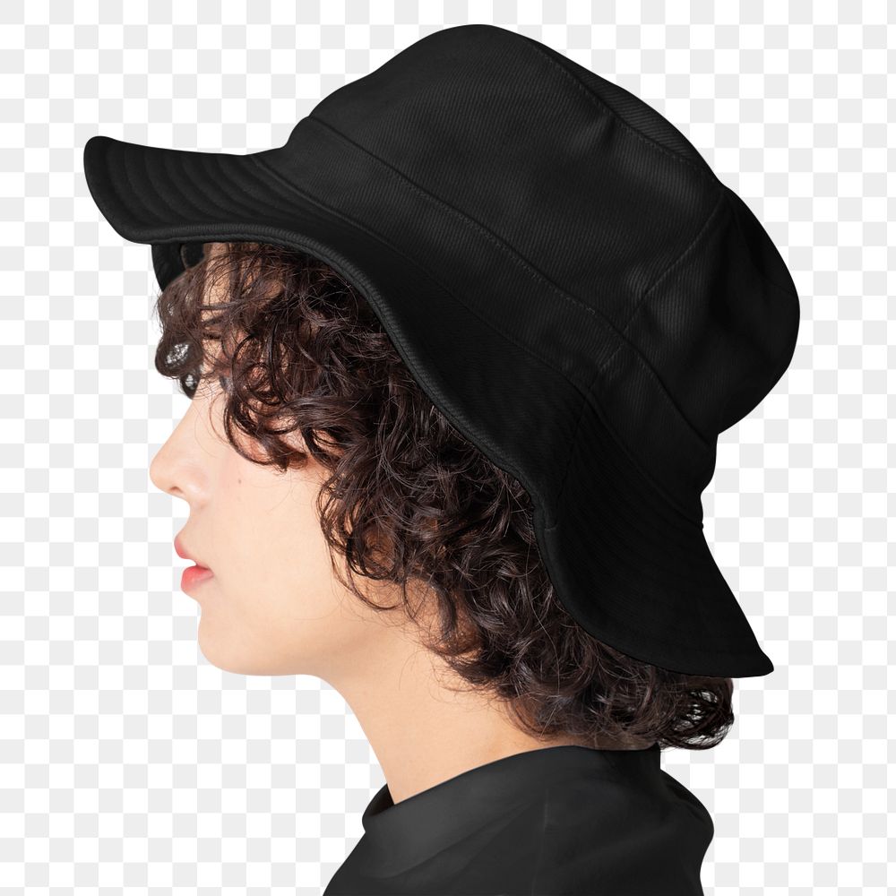 Png short hair woman mockup wearing black bucket hat and t-shirt