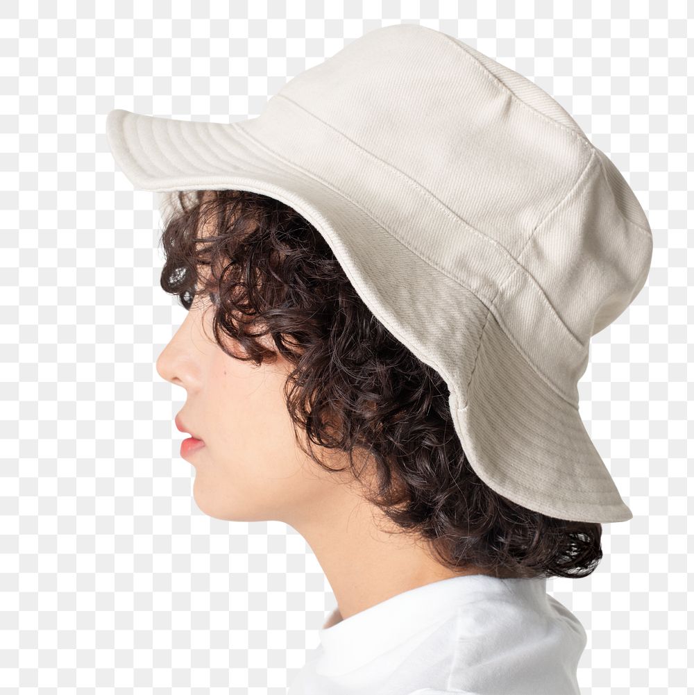 Png short hair woman mockup wearing white bucket hat and t-shirt